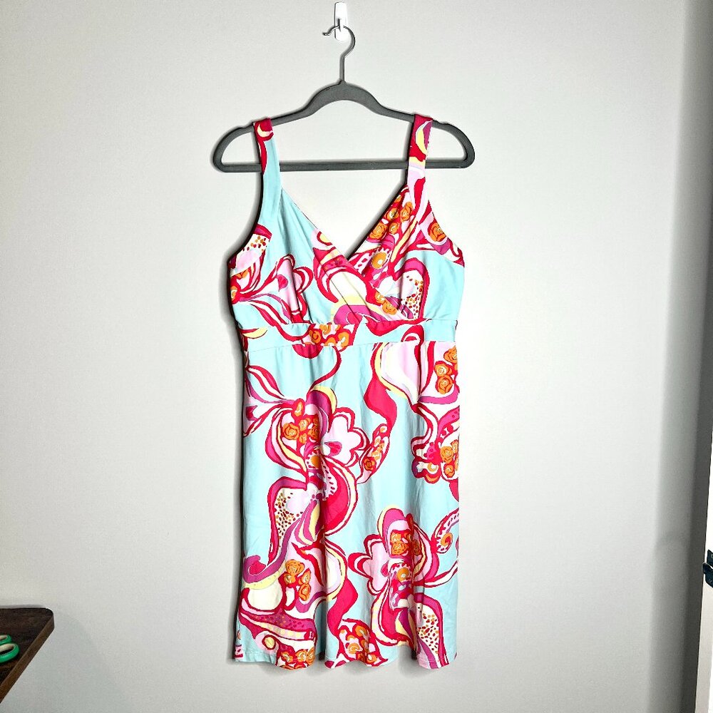 J. McLaughlin Blue Pink Floral Print Catalina Cloth Sleeveless Shift Dress Beach